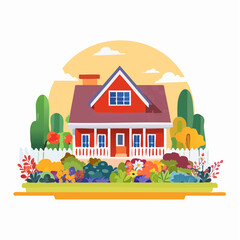 Naklejka premium Charming red house with a vibrant garden and white picket fence set against a warm, hazy sky with fluffy clouds.
