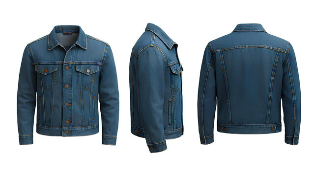 Classic Blue Denim Jacket Displayed in Front, Side, and Back Views on White Background &ndash; Fashion Apparel for Catalogs, E-commerce, and Design Mockups