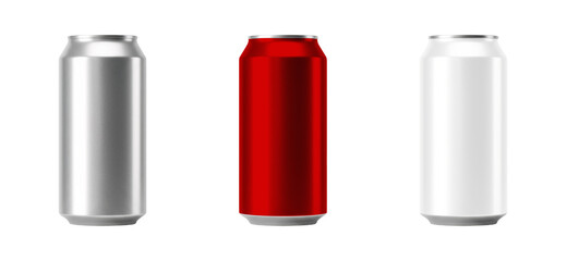 Cola soda aluminum drink can mockup transparent PNG cutout set bundle, isolated background.Basic gray, red, white color, standard 12 oz size