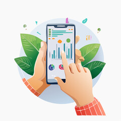 Hands holding a smartphone displaying financial charts and graphs with vibrant green leaves and abstract elements around it