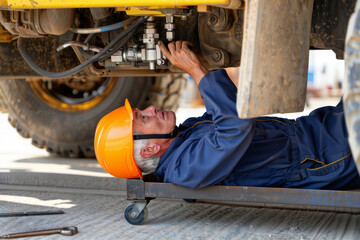 Mechanic repairing a heavy vehicle. A senior mechanic in a hard hat lies on a creeper to perform maintenance on the undercarriage of a large truck.