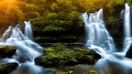 Obraz premium An enchanting autumn waterfall cascades over mossy rocks in a vibrant green forest landscape