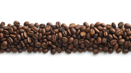 Obraz premium A horizontal line of roasted coffee beans with a white background creating a clean and natural aesthetic
