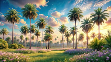 Serene Sunset Over a Lush Tropical Meadow with Towering Palm Trees