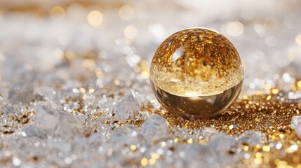 Glimmering Glass Sphere on a Bed of Sparkling Gold and Crystal