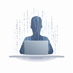 Silhouette of a programmer working on a laptop surrounded by falling binary code creating a futuristic digital concept of data and technology