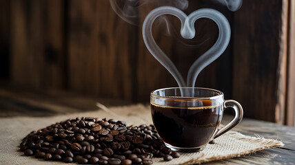 Steaming hot coffee cup with heart shaped smoke and pile of roasted coffee beans on rustic wooden background
