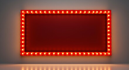 Retro Red Marquee Sign with Bright Lights on Grey Wall and Reflective Floor