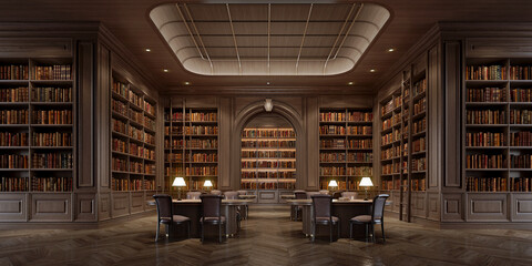 Elegant classic library interior with tall wooden bookshelves filled with vintage books. 3d rendering © manow