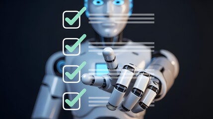 Advanced humanoid robot interacting with a digital checklist completing tasks and demonstrating artificial intelligence in a futuristic technological concept