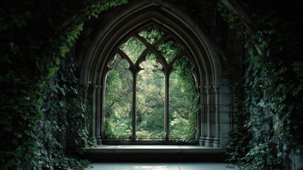 Fototapeta premium Arched Stone Window Framed by Lush Greenery in Abandoned Setting