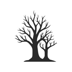 Silhouette of two leafless trees on white background