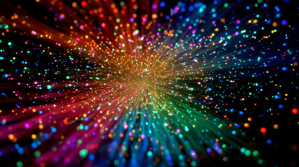 カラフル粒子が虹色に広がる放射エフェクト背景