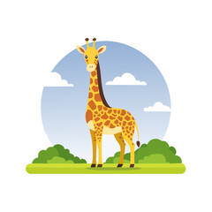 Fototapeta premium Cartoon Giraffe Standing Tall in a Serene Landscape: A Whimsical Illustration