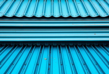 Horizontal blue corrugated metal roofing sheets against a grooved zinc and galvanized iron background, warehouse, roofing