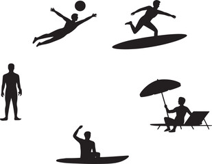 Silhouette People Enjoying Beach Activities on Transparent Background Vector Illustration