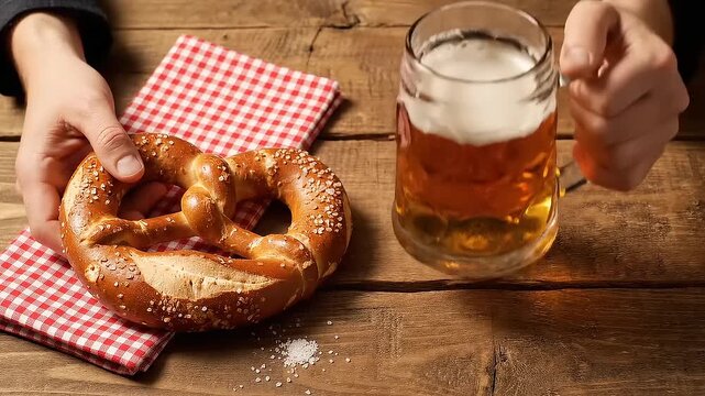 A perfect pairing, enjoying a salted pretzel and a tall glass of beer on a wooden table. Delicious snack, hand holding pretzel and beer on a rustic table with red checkered napkin