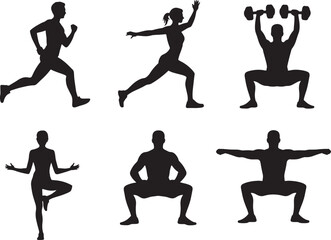 Fitness Silhouette Vector Set with Running, Stretching, Squats, Yoga, and Exercise Poses