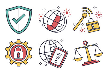 Collection of security and technology icons including shield, globe, wifi, lock, gear, and scales