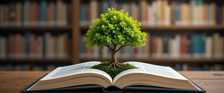 A vibrant green tree sits atop an open book, nestled amidst a library setting, symbolizing knowledge and growth.