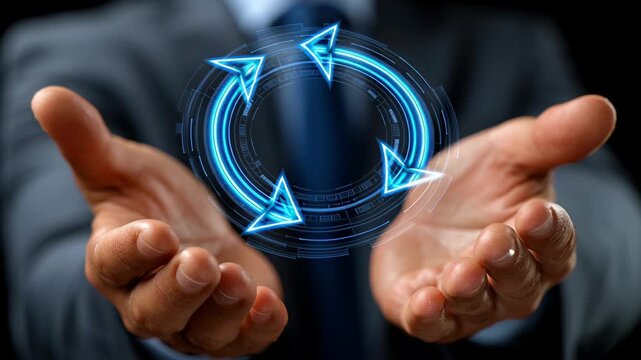 Hands Holding Glowing Circular Arrow Symbol Representing Motion and Adaptability in Business Innovation and Progress Through Technology