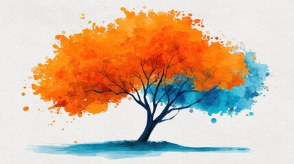 Vibrant Watercolor Tree with Orange and Blue Artistic Elements