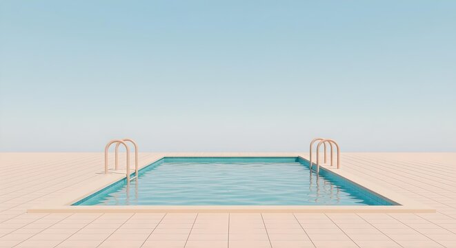 Empty swimming pool with clear water and ladder against blue sky background, creating a serene summer vibe.