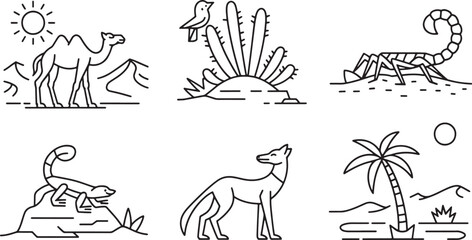 Desert Wildlife Line Art Illustration Set Camel Cactus Scorpion Lizard Coyote Palm Tree Icons Isolated