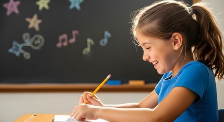 Joyful young girl smiles while diligently writing in her notebook, a chalkboard with stars and musical notes adorns the background.