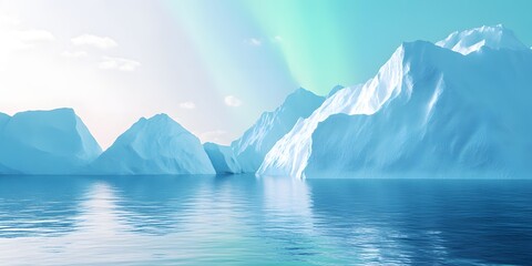 A serene arctic landscape featuring icebergs and calm water under a vibrant aurora borealis display
