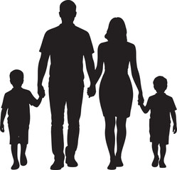 Family Silhouette Vector Illustration Featuring Parents and Children Holding Hands Together