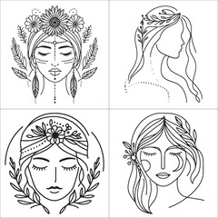 Boho Goddess Line Art Portrait with Floral Crown and Tribal Jewelry. Black and White Vector Illustration