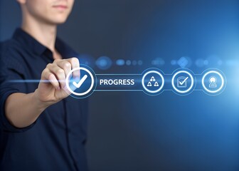 businessman pressing virtual button on a virtual screen