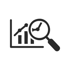 Business analytics icon: graph and magnifying glass analyzing data trends