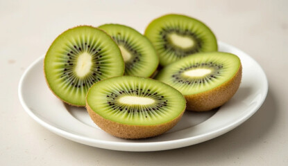 Fresh Kiwi Fruit Halves on White Plate, Close-Up View