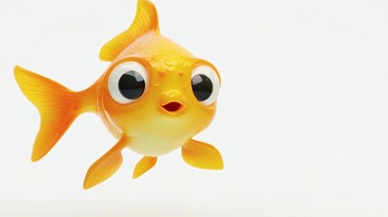 A cheerful, cartoonish goldfish floats against a plain background.