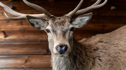 Fototapeta premium Majestic Red Deer Stag with Antlers with Close Up, and Against a Wooden Wall Background.