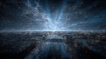 Floating abstract background architecture lines in glowing neon blue intersecting in a cosmic digital space