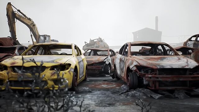 Rusted and Wrecked Cars Create a Powerful Image of Decay and Abandonment with Excavator on a Desaturated Color Palette