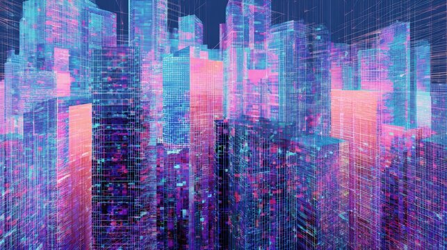 Holographic Digital Architecture Background Pixelated cityscape with glitching structures cybernetic neon grid virtual reality aesthetic
