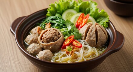 A delicious bowl of traditional Indonesian bakso, a savory meatball soup with noodles, chili, and fresh vegetables