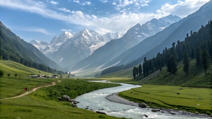 The majestic Alps, a panorama of snow-capped peaks, lush green valleys, and crystal-clear lakes,lake, mountain, landscape, nature, water, mountains, sky, reflection, river, snow, clouds, alps, tree, s