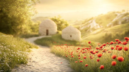 A sandy path between two ancient domed clay buildings with poppies bursting into bloom all around.