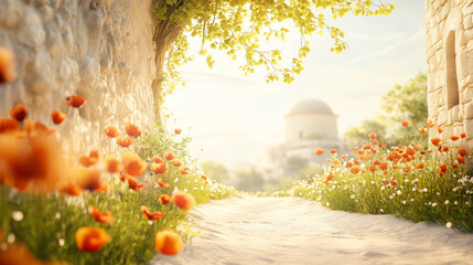 A sandy path between two ancient domed clay buildings with poppies bursting into bloom all around.