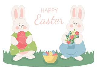 Two cute bunnies celebrating easter, holding a decorated egg and a bouquet of spring flowers, with a basket full of colorful eggs.
