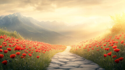 A gentle stone path with red poppies growing on both sides. Calm and refreshing view.