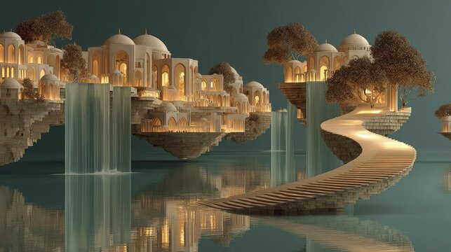 Surreal abstract background architecture lines bending gravity floating islands dreamlike fantasy landscape