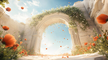 An ancient courtyard almost overtaken by poppies. Flowers growing from between tiles.