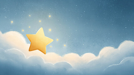 A magical golden star glowing gently in the night sky with tiny sparkles around. Children's illustration in soft fantasy style.