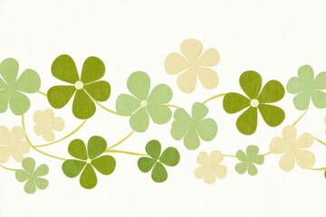 Clover leaves in soft green and beige hues arranged in seamless botanical pattern creating fresh decorative background suitable for seasonal design projects